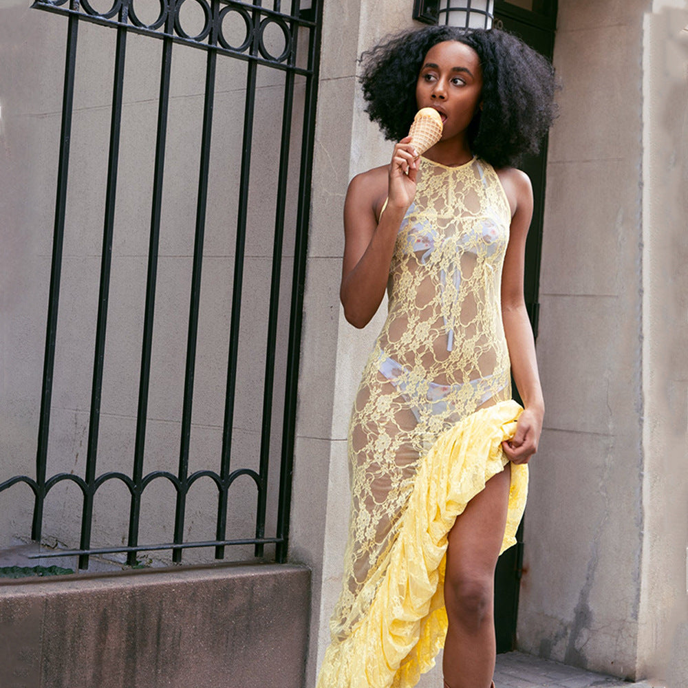 Women Summer Lace Irregular See-Through Sexy Slit Dress 5