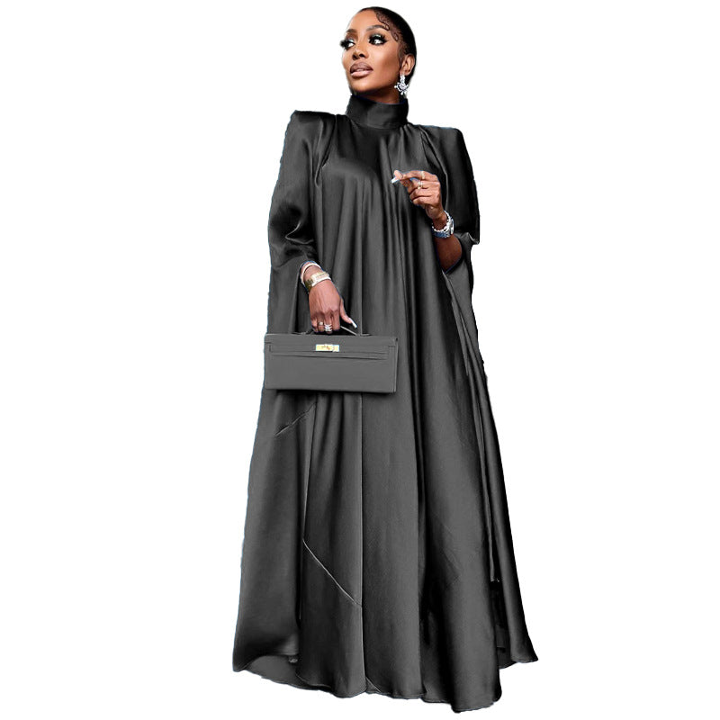 Dubai Muslim Women'S High Neck Loose Swing Robe Satin Dress Women'S Abaya 7