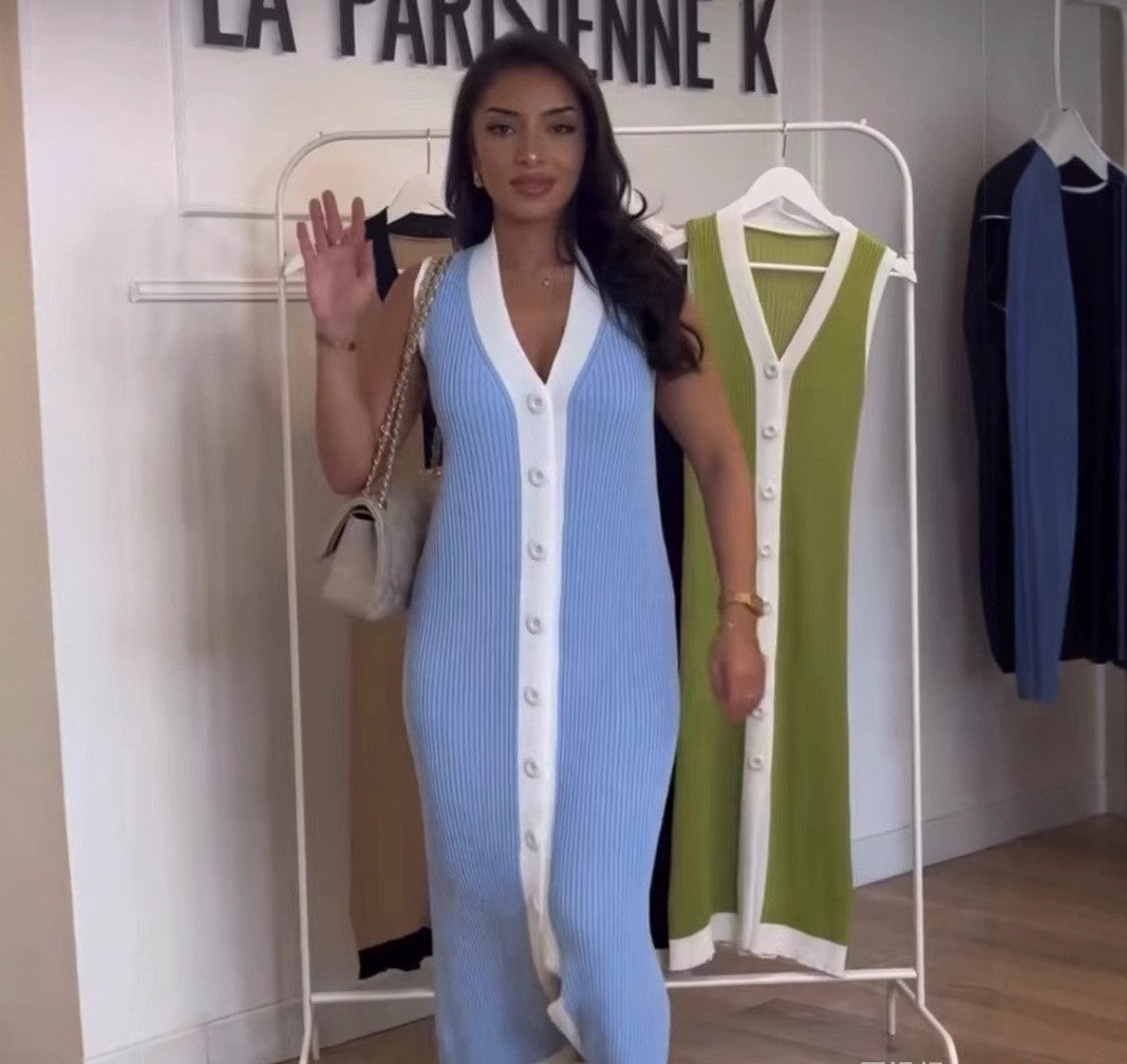 Women contrast Ribbed Single-breasted v-neck sleeveless knitting dress 8