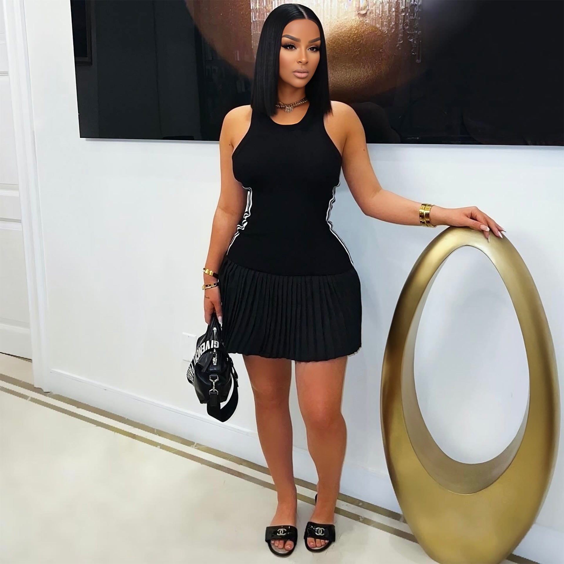 Women sexy striped pleated dress