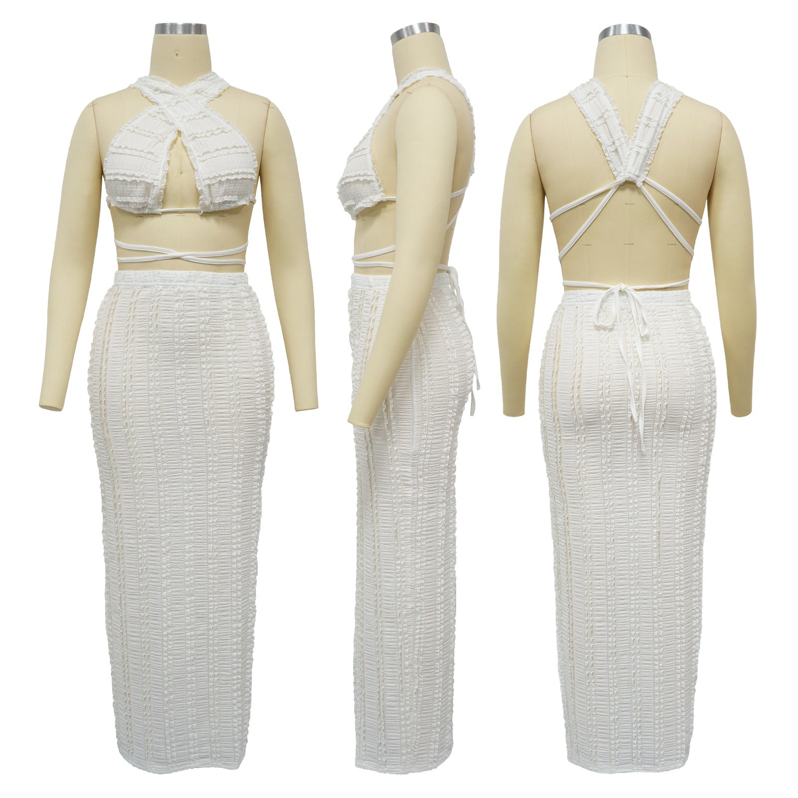 Summer Women Cow Shutter Lace Sleeveless Lace Backless Skirt Two-piece Set 17