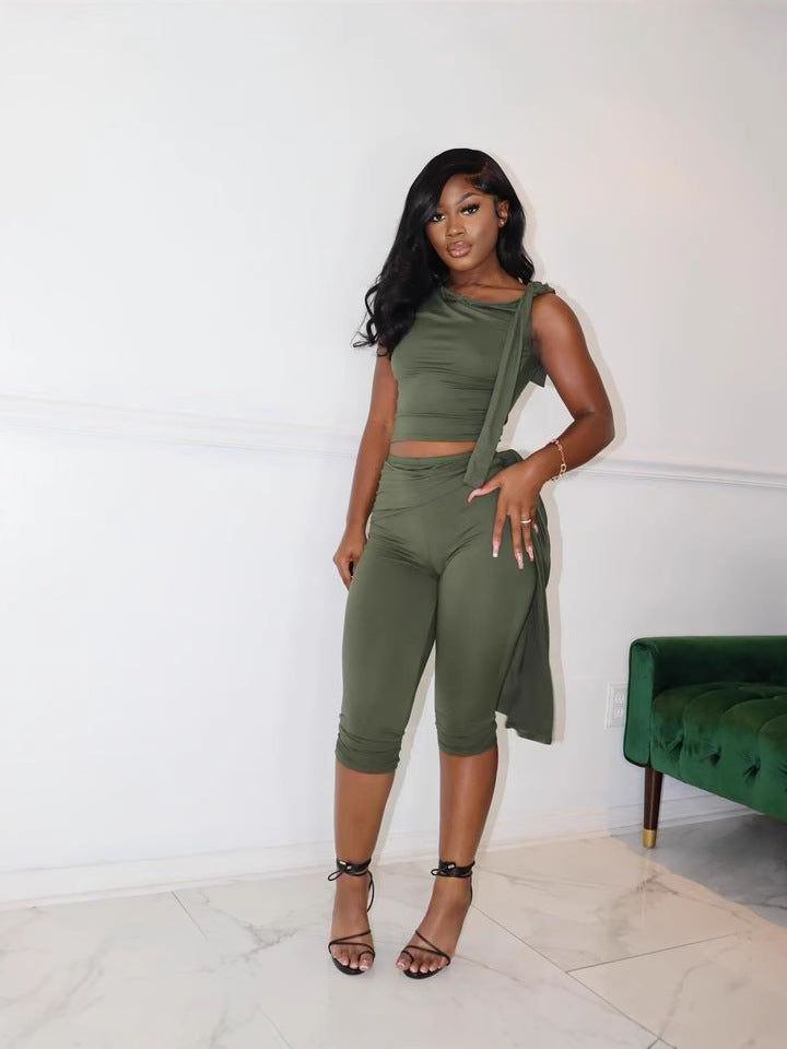 Women Slash Shoulder Lace-Up Casual Two Piece Set 8