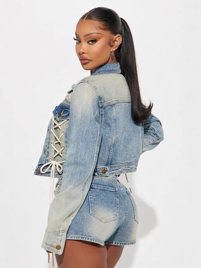 Women Top Jacket and Drawstring Shorts Two-Piece Set 3