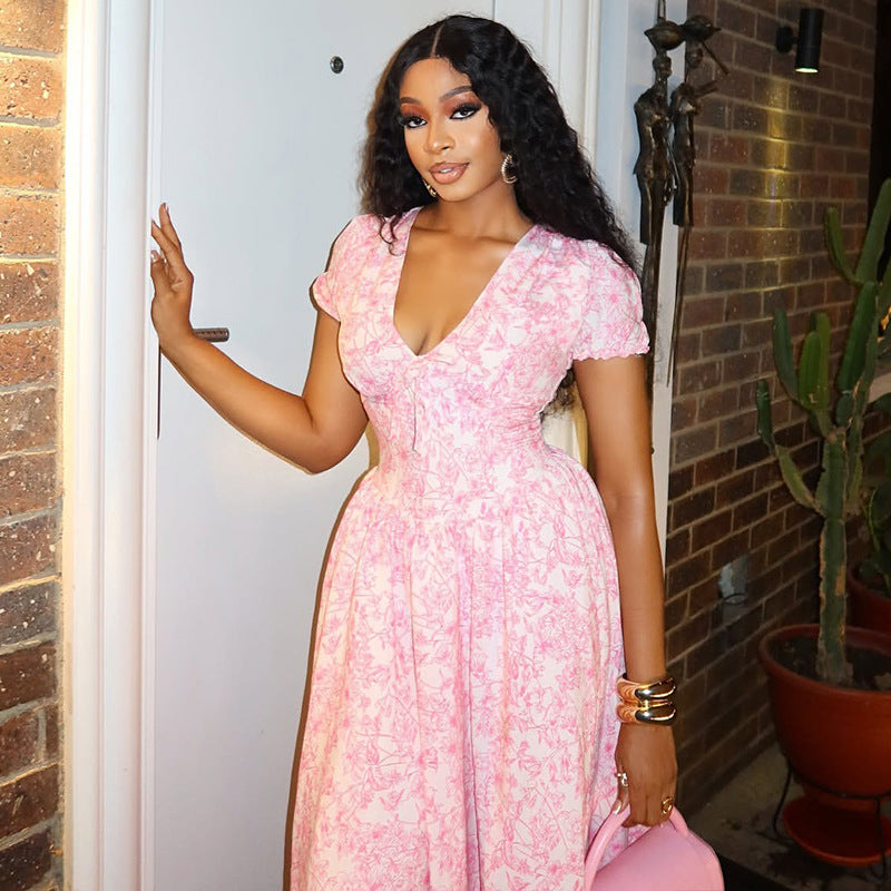 women's print elegant v-neck Chic bubble sleeve a-line pleated long dress 4