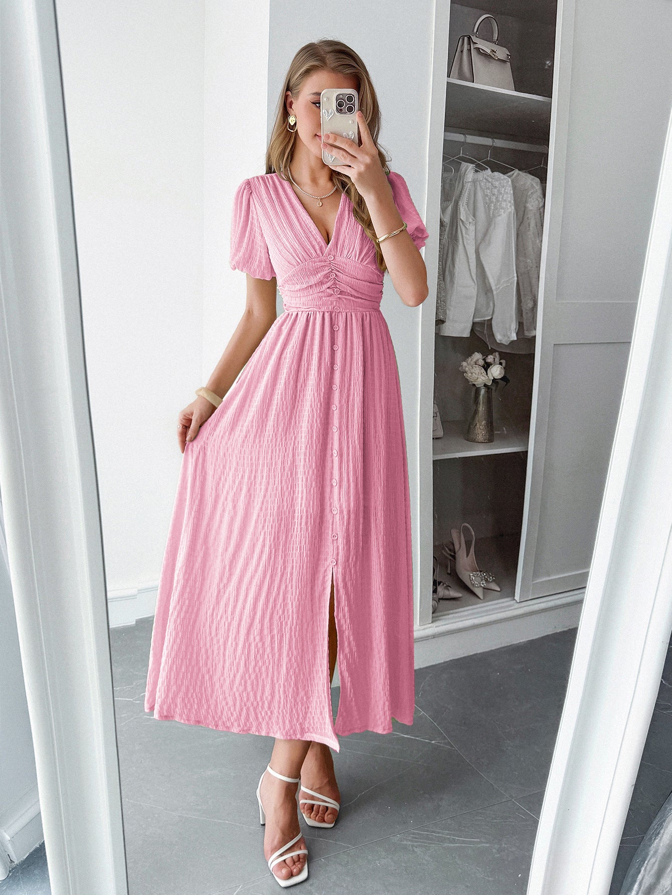 Spring/Summer Women's Chic Holidays Deep-V Short-Sleeve Long Dress