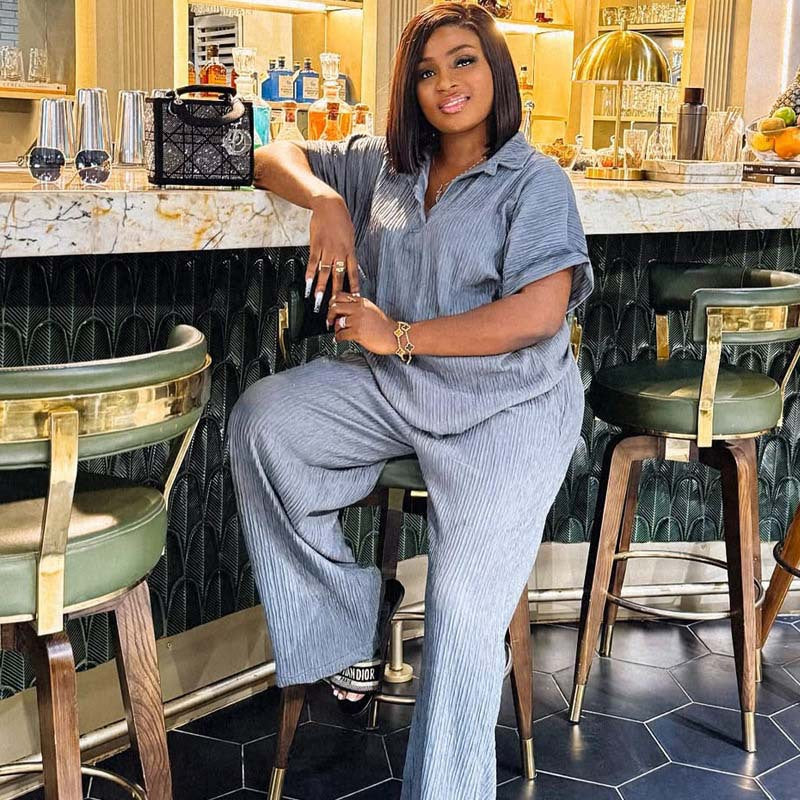 Plus Size Women African summer Turndown Collar Top And trousers two-piece set 6