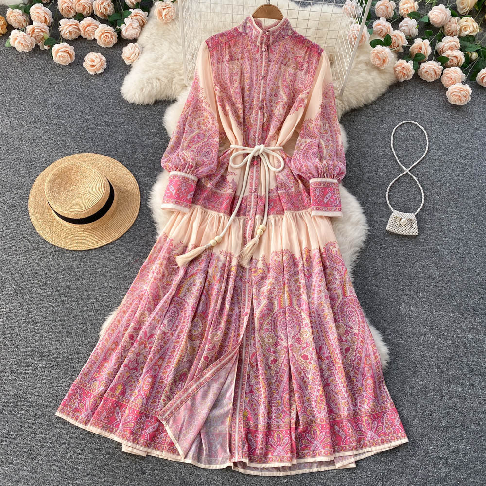 Women Stand Collar Balloon Sleeve Printed Dress 15