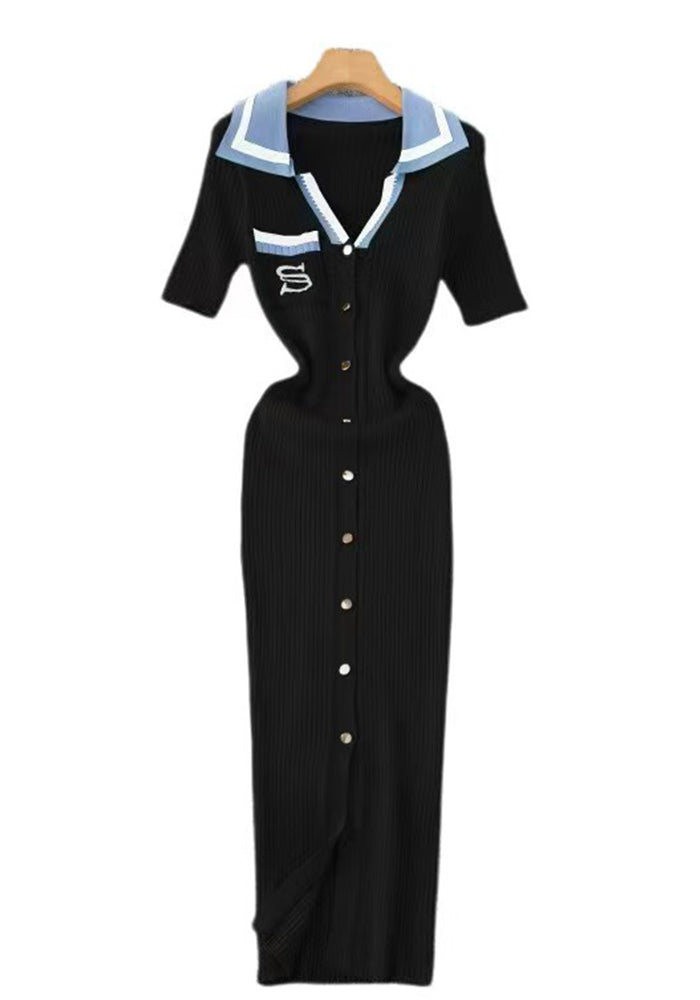Women Fall/Winter French Contrast Color Embroidered Polo Neck Long-Sleeved Knitted Dress