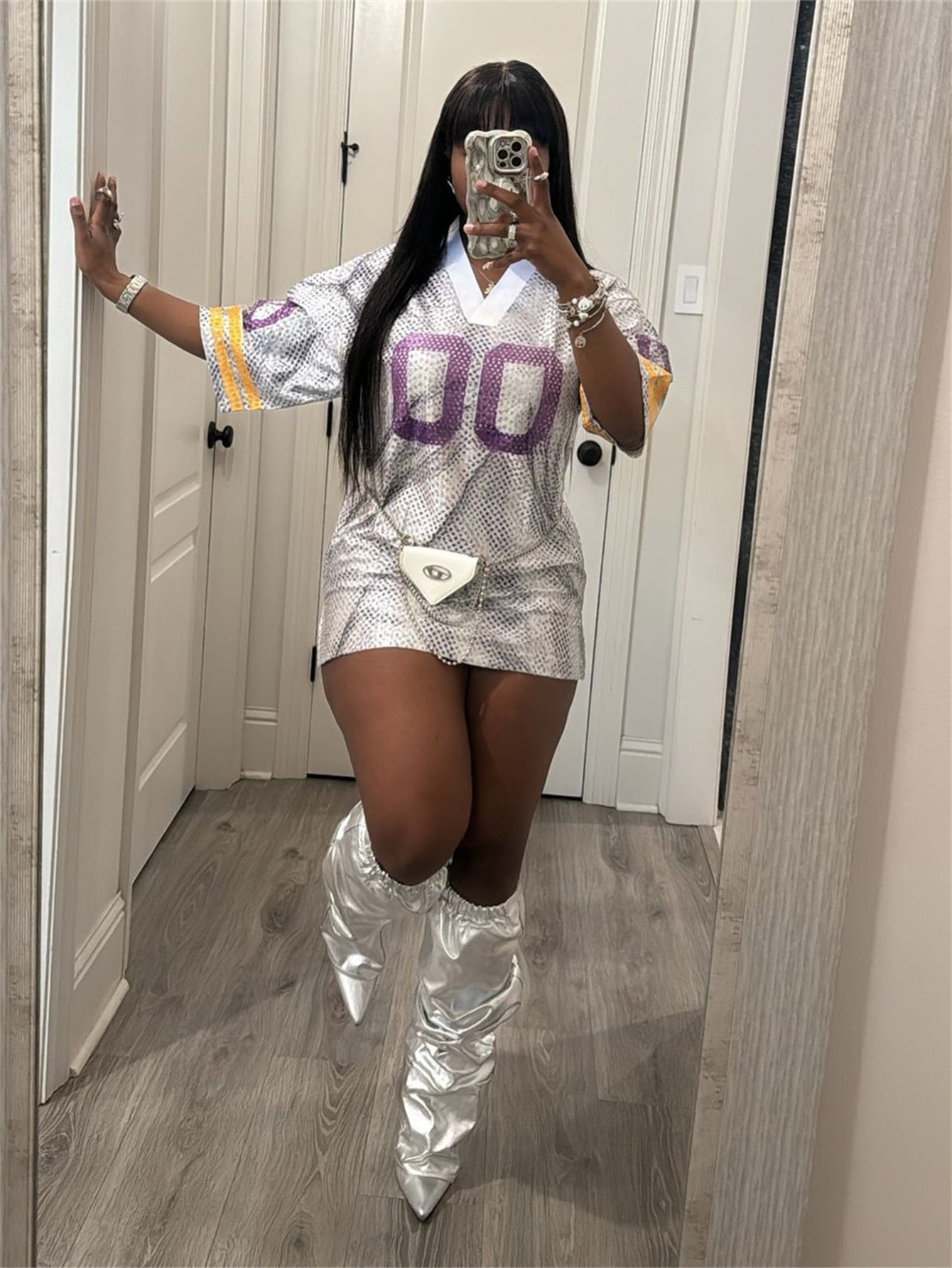 Autumn V-Neck Print Sports Jersey Loose Casual Short Dress 8