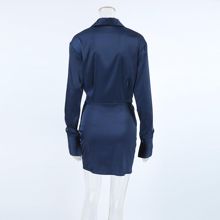 Women Autumn and Winter Elegant Blue Satin Irregular Long Sleeve Dress 9