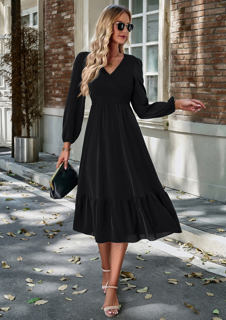 Women's Autumn And Winter V-Neck Solid Color Dress 4