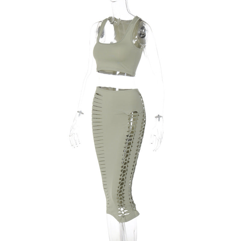 Hollow Crop Short Vest Bodycon Half-Length Skirt Suit Holidays Style Hand-Knitted Women's Tight Fitting Solid Color Two-Piece Set 10