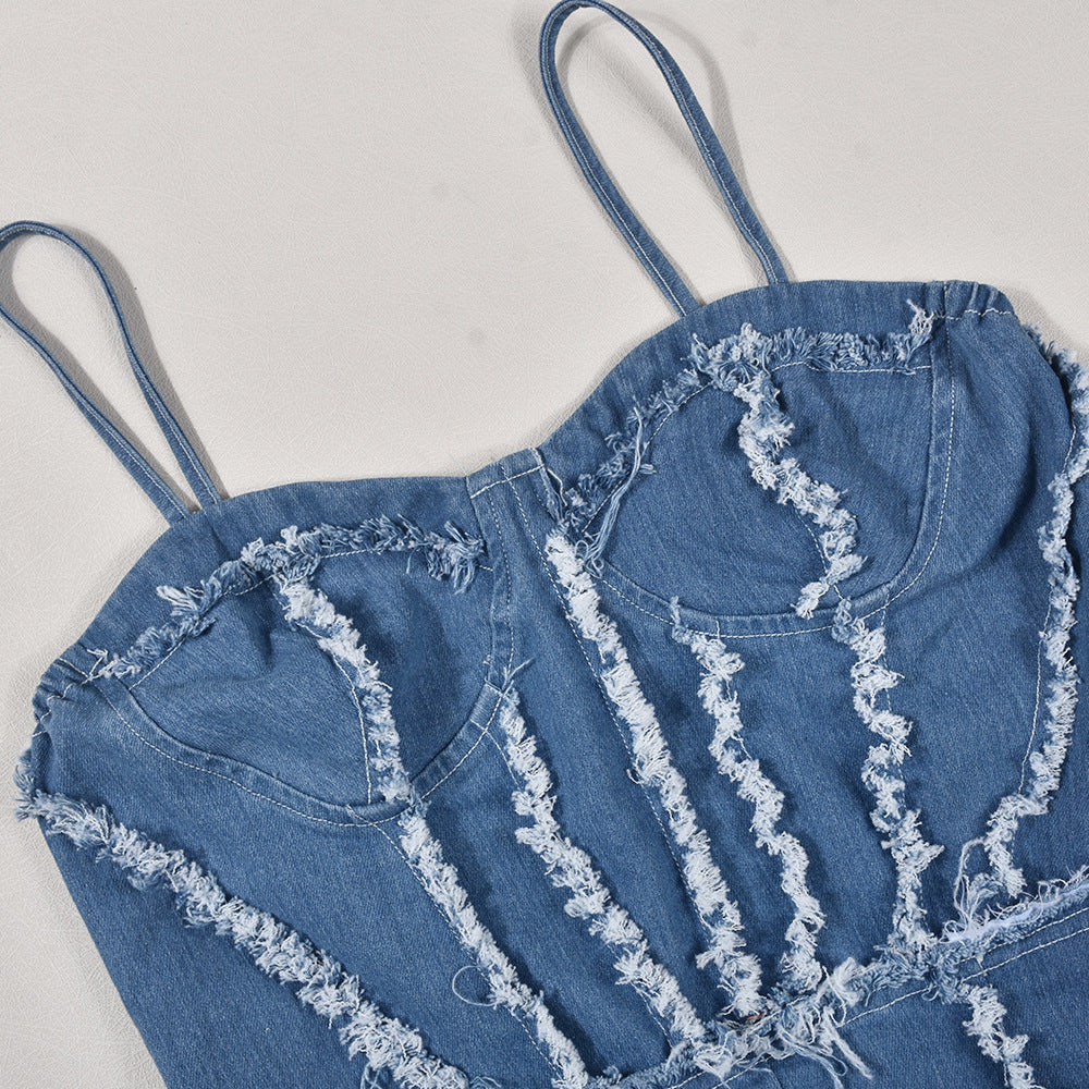 Women Sexy Cutout Tassel Zipper Suspenders Denim Jumpsuit 10