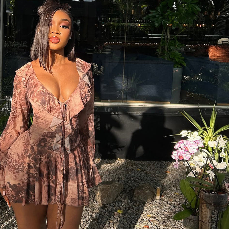 Women Summer/Autumn Ruffled Collar Long-Sleeved Mesh Leopard Print Off-The-Shoulder Pleated Dress 15