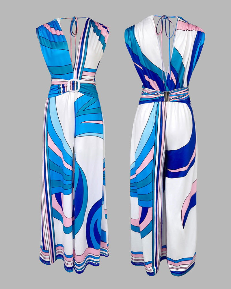 Summer Contrast Printed V-neck Backless Lace-Up Jumpsuit 4