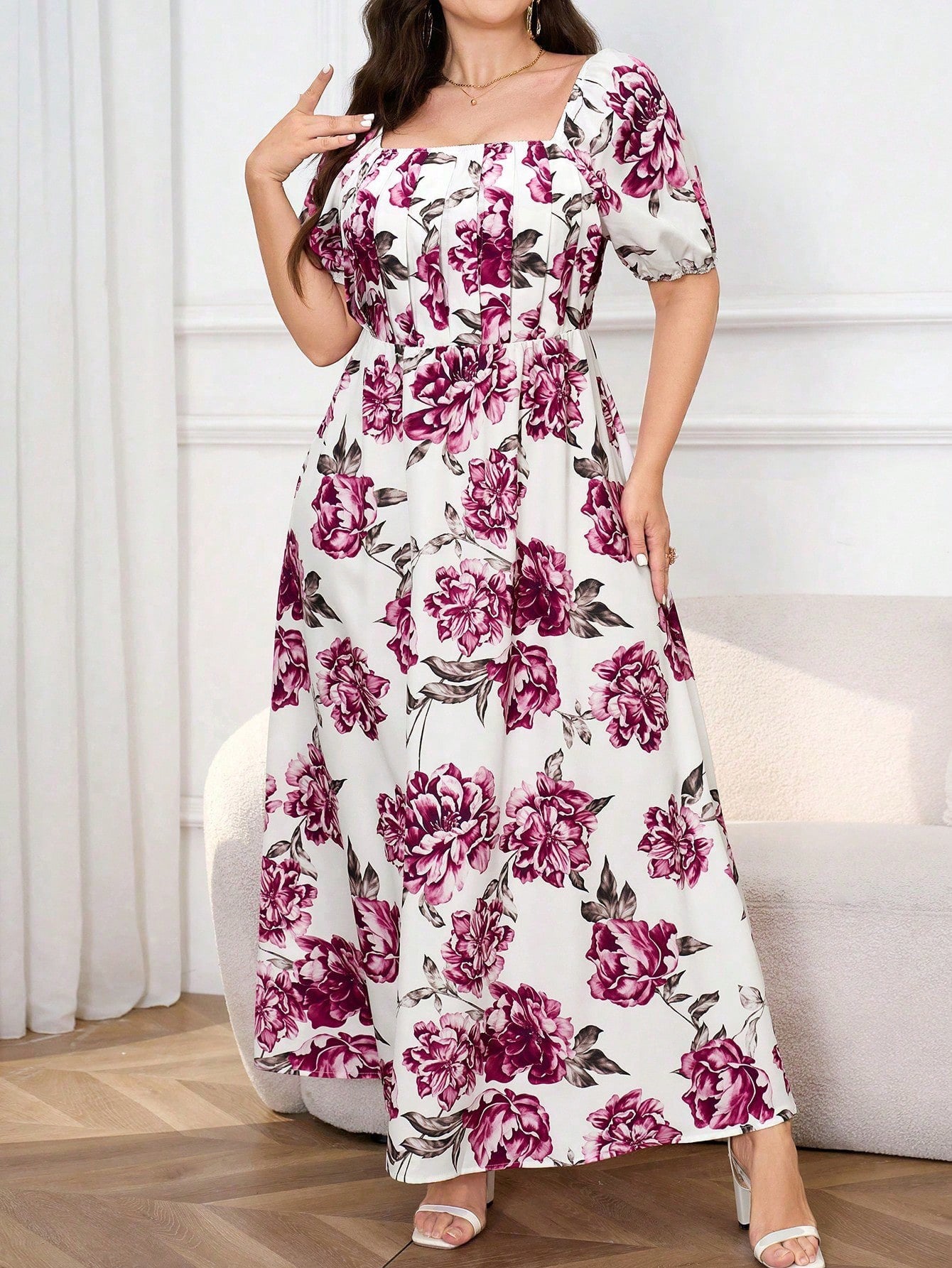 Plus Size Chic Lady Short Sleeve Square Neck Slim Waist Elegant Floral Maxi Dress 3