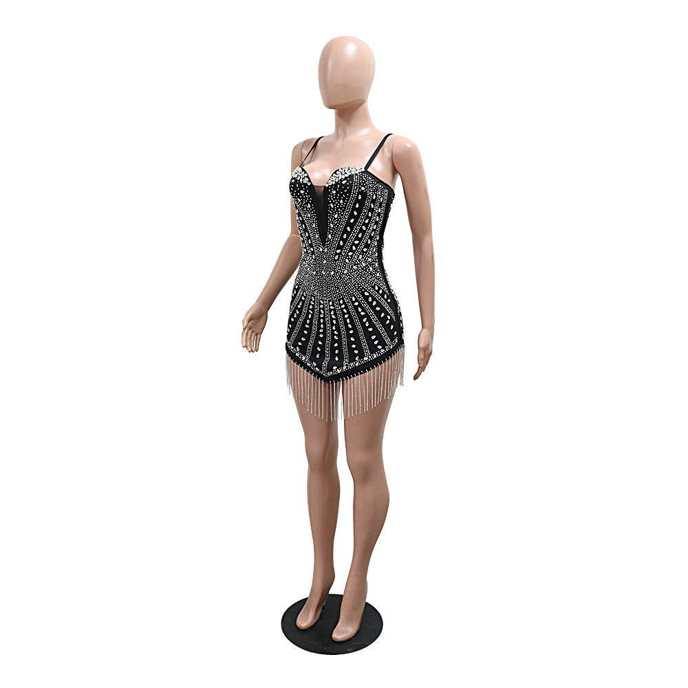 Women Strapless Beaded Chain Sexy Irregular Dress 10