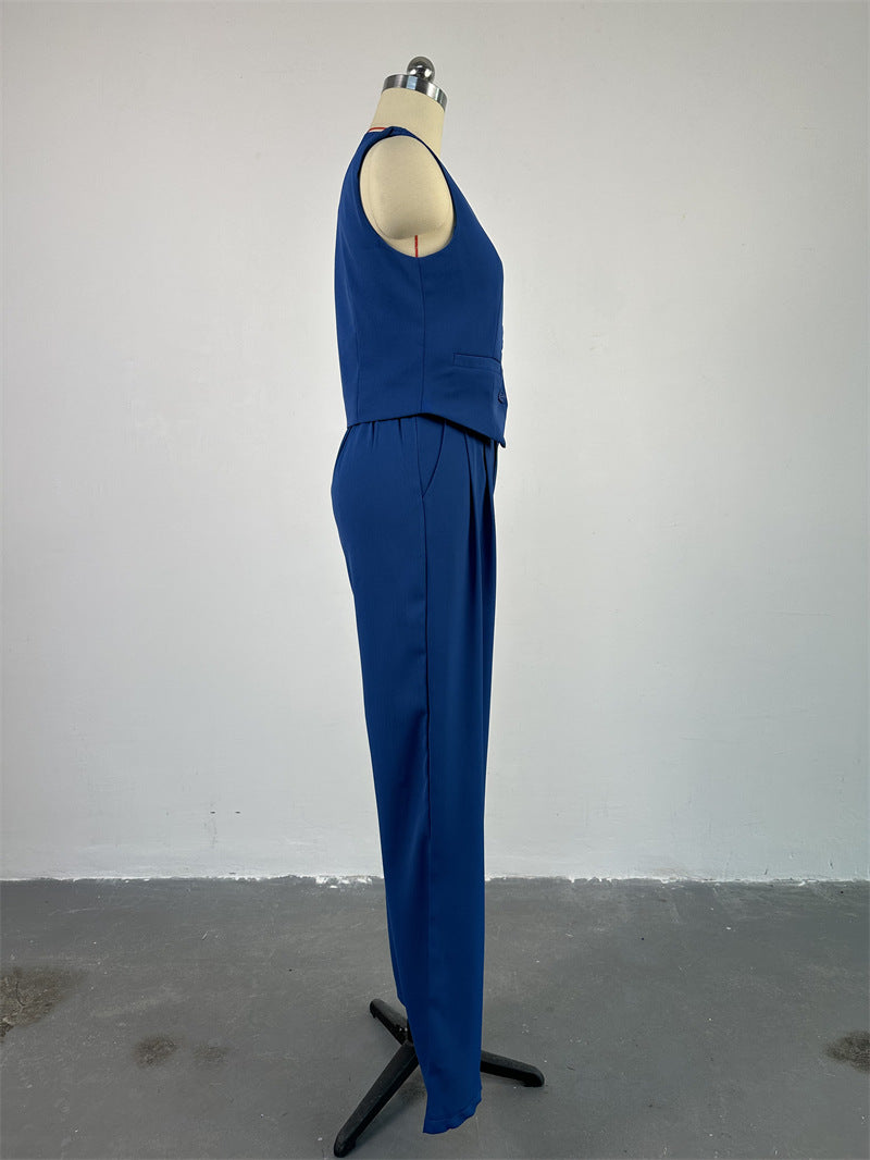 Women 's Spring V-Neck Sleeveless Vest Wide-Leg Trousers Casual Suit 23