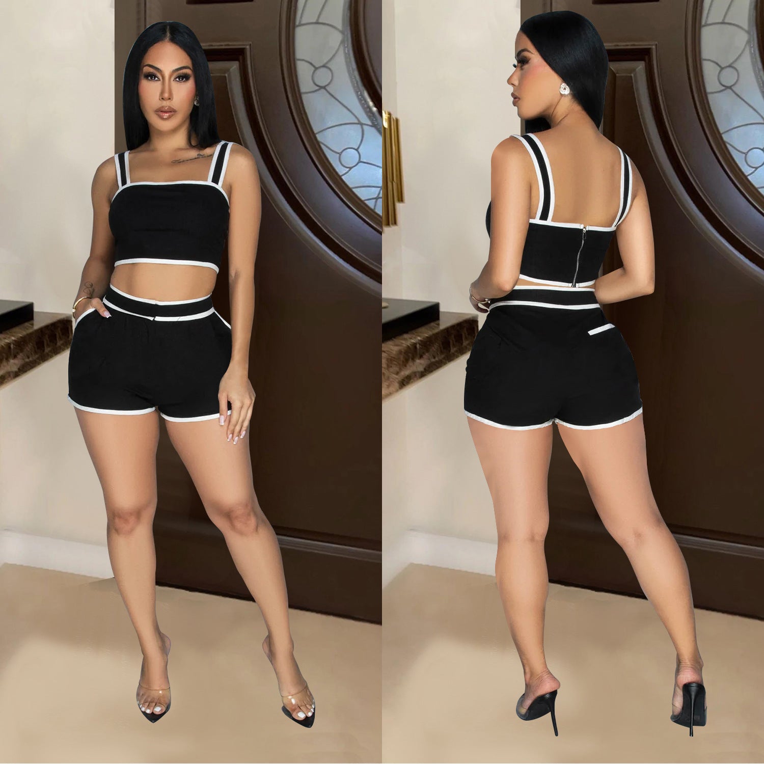 Women Solid Strapless Top Shorts Two-Piece Set 4