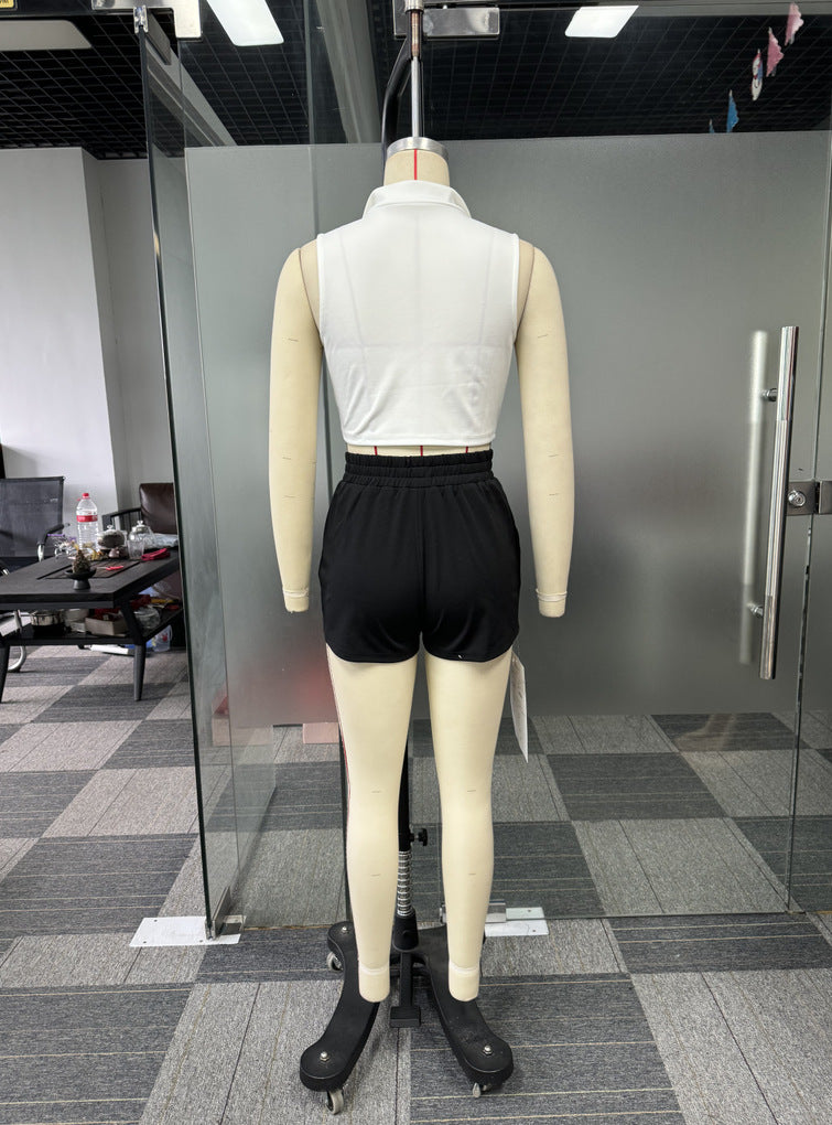 Women Career Casual Striped Patchwork Contrast Color Sleeveless Top and Shorts Sports Two-piece Set 8