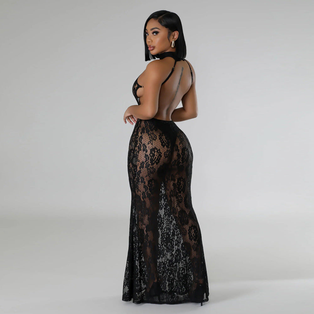 Sexy Fashion Halter Neck See Through Lace Low Back Slim Nightclub Long Dress 3