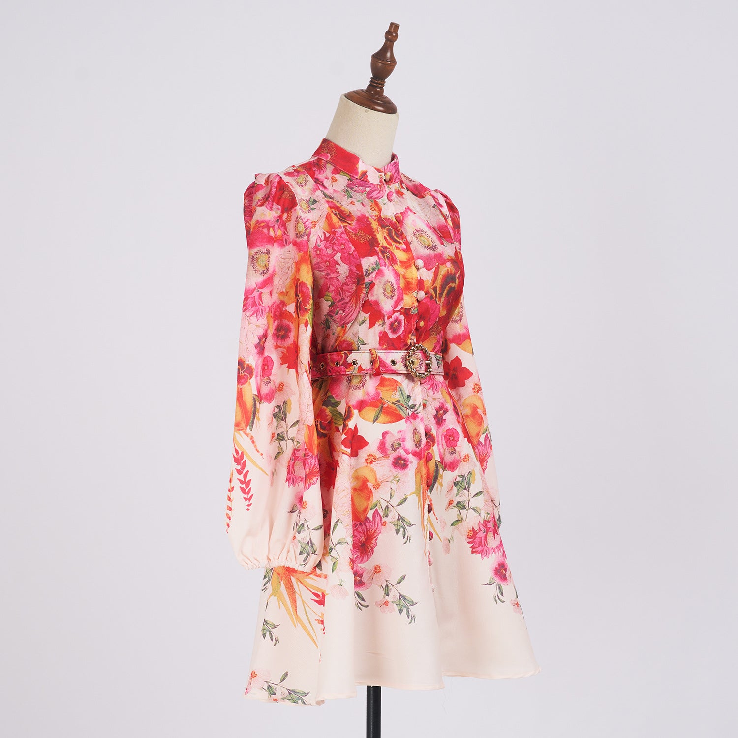 Women's Print Long Sleeve Lantern Sleeve Stand Collar Single-Breasted Short Dress With Belt 6