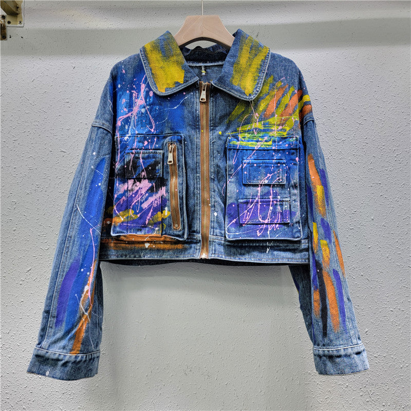 Fashionable Hand-Painted Graffiti Cargo Denim Top Women's Loose Shorts Jacket 3