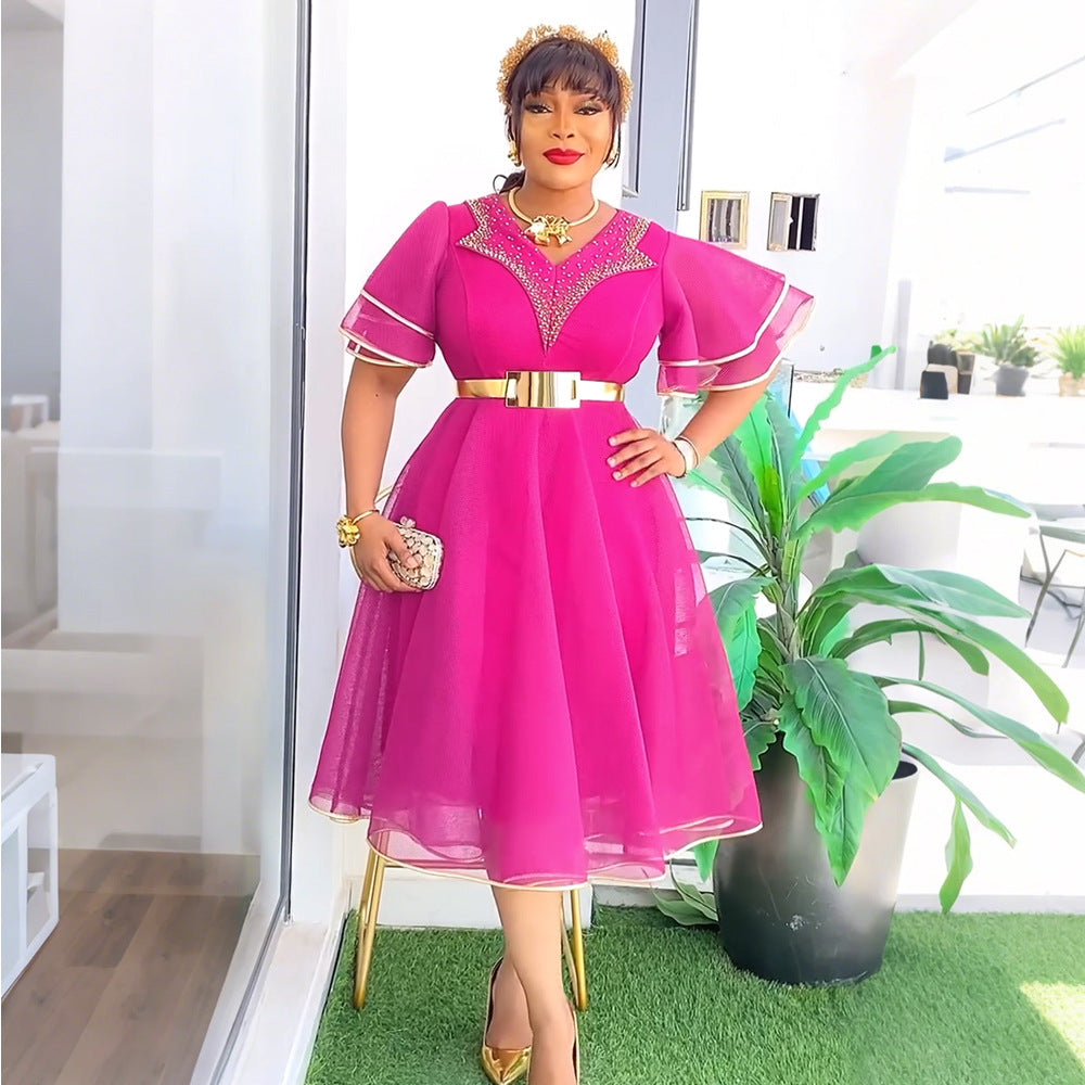 Plus Size African Women V-neck Bodycon Beaded Dress With Belt 6