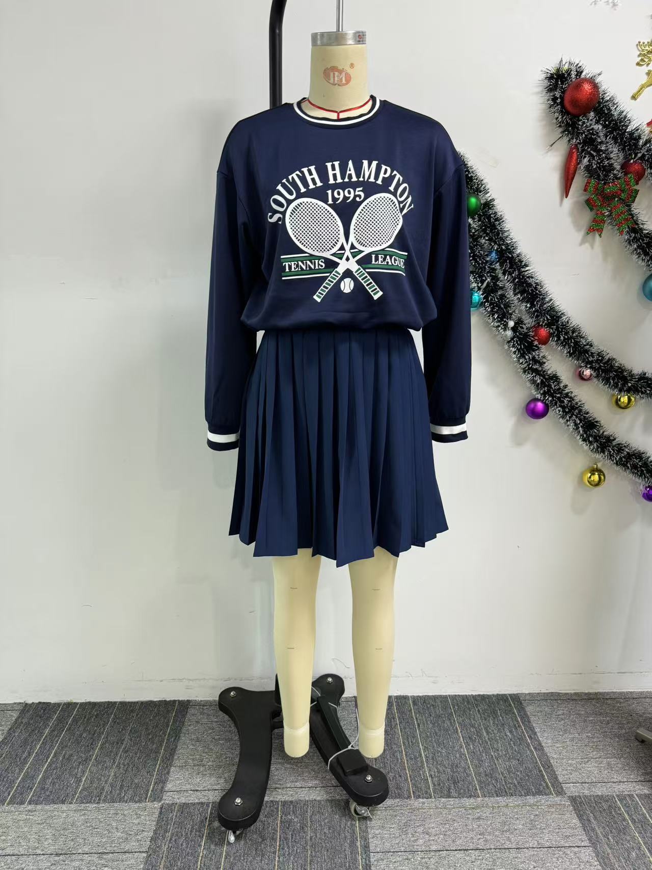 Women printed long sleeve top pleated skirt two-piece set 9