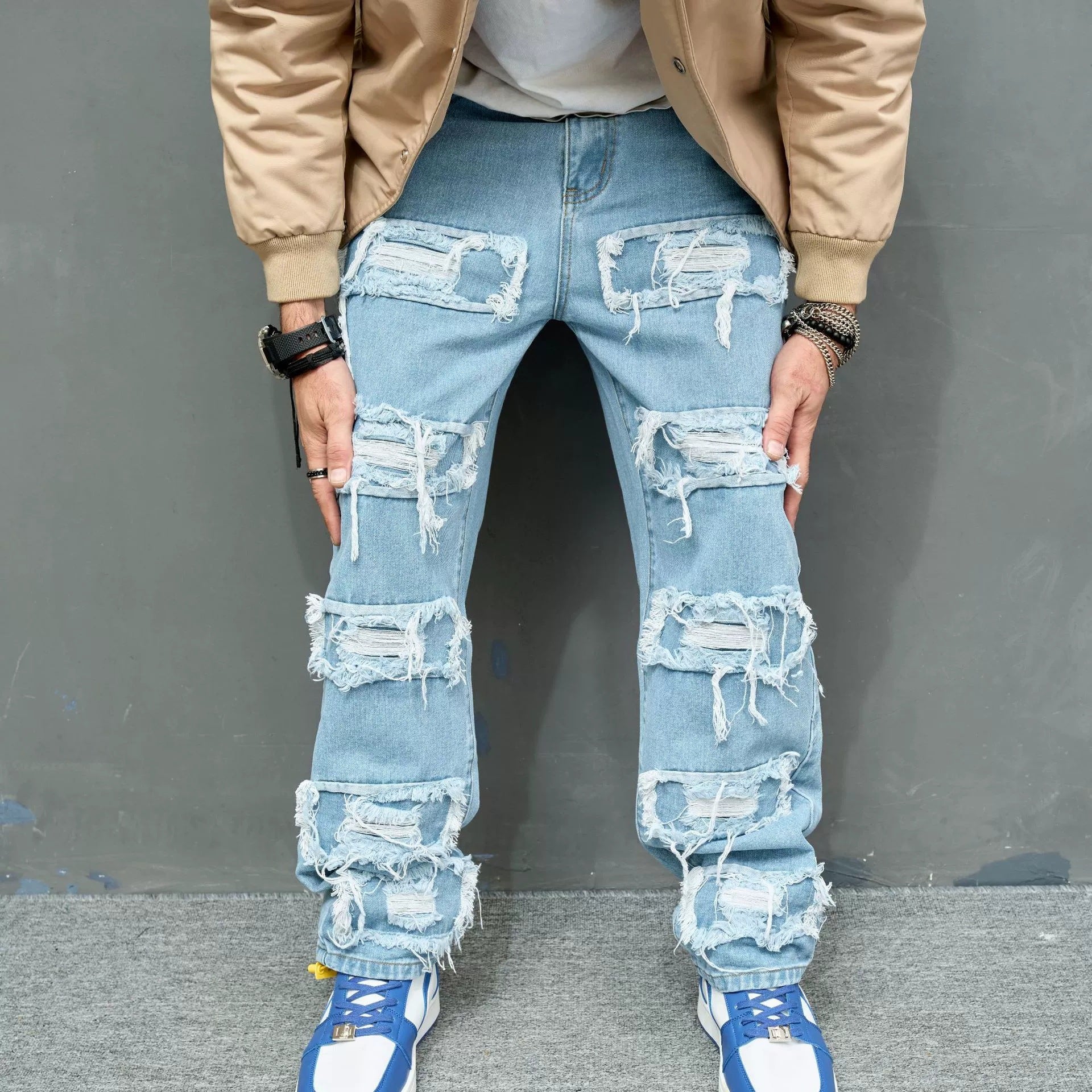 Men's Raw Denim Pants Solid Color Slim Fit Skinny Stretch Ripped Destroyed Slim Long Pants