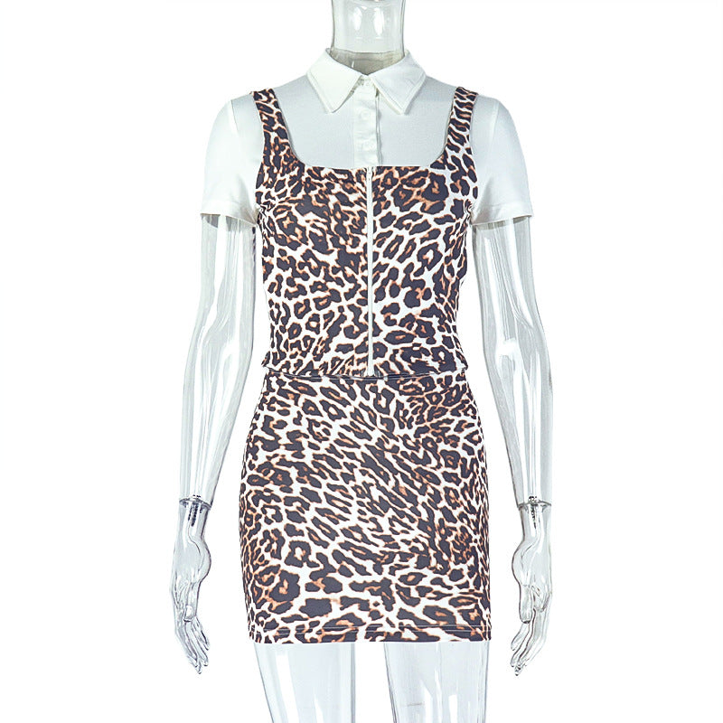 Trendy Leopard Patchwork Top Skirt Set Two piece Fashion Women's Clothing 8