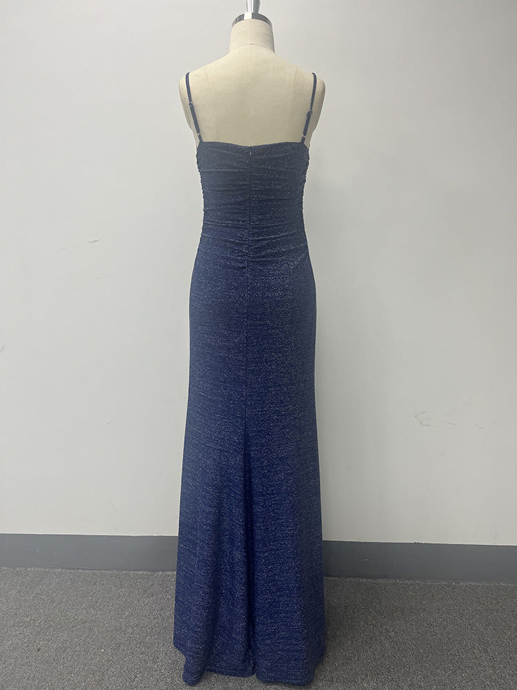 Women elegant suspender v-neck pleated shiny bright fishtail evening dress 11