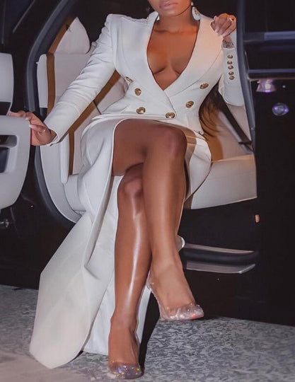 Chic Career White Long Slim Waist Blazer Dress