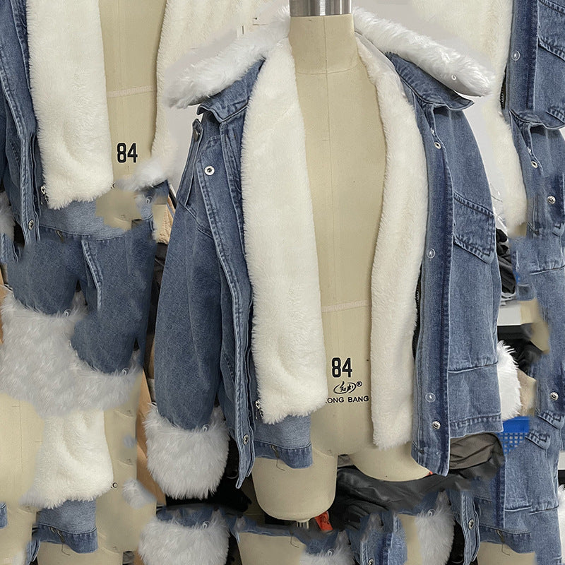 Women Winter Loose Fur Collar Turndown Collar Denim Jacket 8