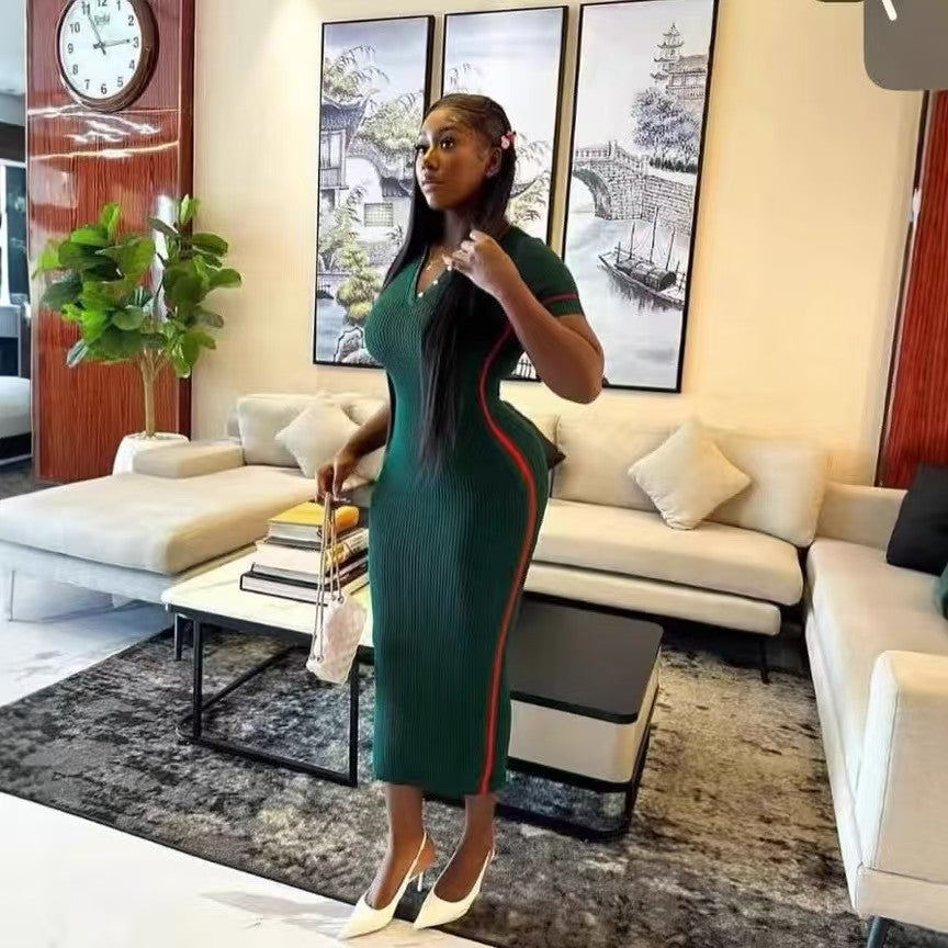 Women's Fashion Turndown Collar V-Neck Short Sleeve Knit Midi Dress