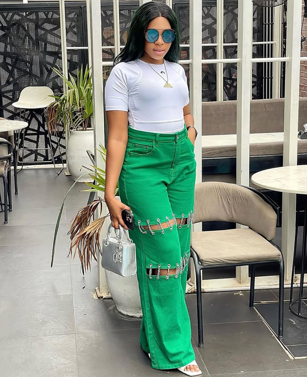 Women's High-Waisted Patchwork Denim Jeans with Studded Chain 10