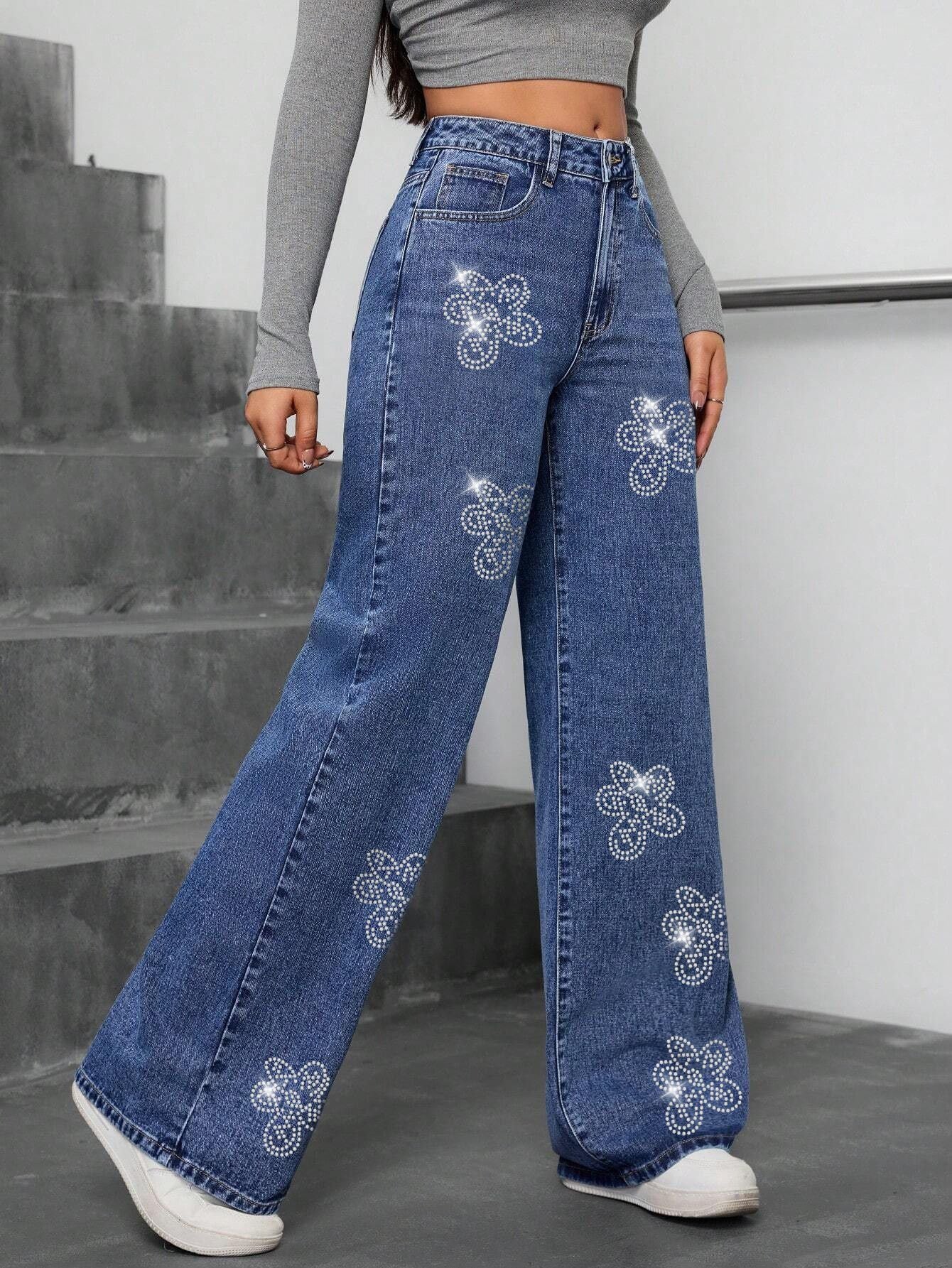 Women Autumn Floral Beaded Denim Pants 4