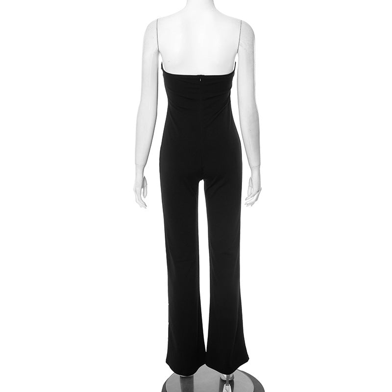 Women Spring/Summer Strapless V-Neck Print Zipper Bell Bottom Jumpsuit 11