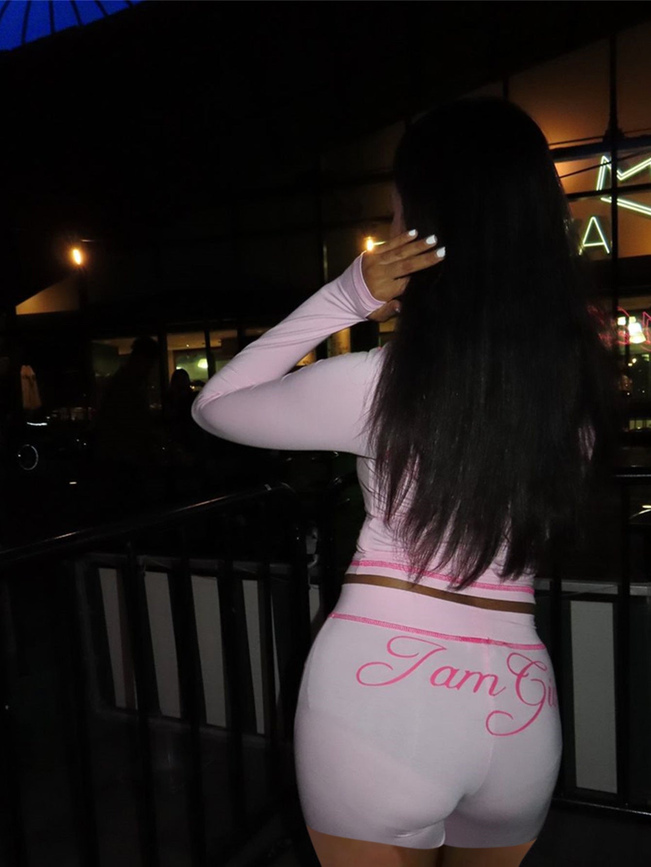 Fashion retro print slim elastic hooded sports style long sleeve top shorts women Two Piece Set 11