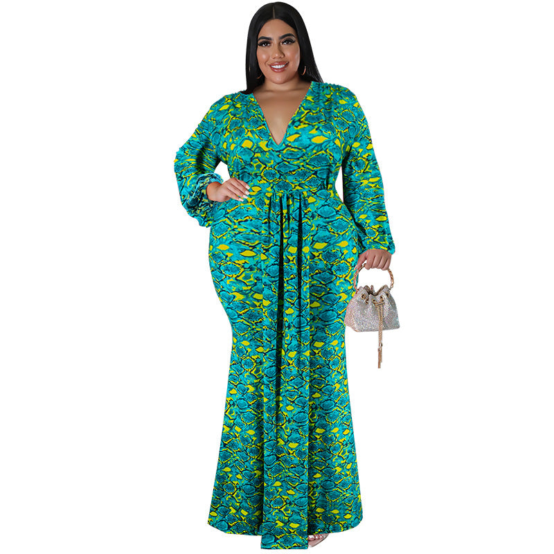 Plus Size Women'S Print V-Neck Fashion Long Sleeve Mermaid Long Dress 10