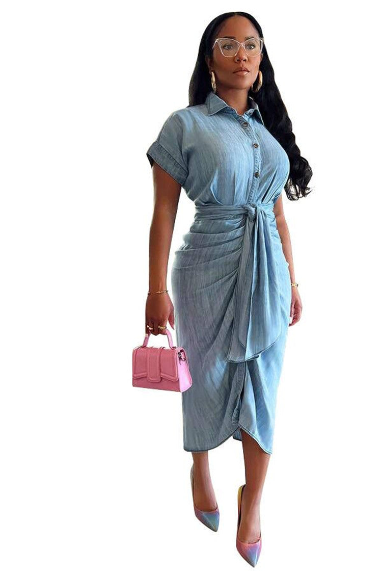 Women Stretch Pleated Lace-Up Denim Dress 9