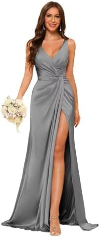 Women's Strap V-Neck Bridesmaid Dress Sleeveless Satin High Slit Prom Dress（Processing time need 3-6 days） 4