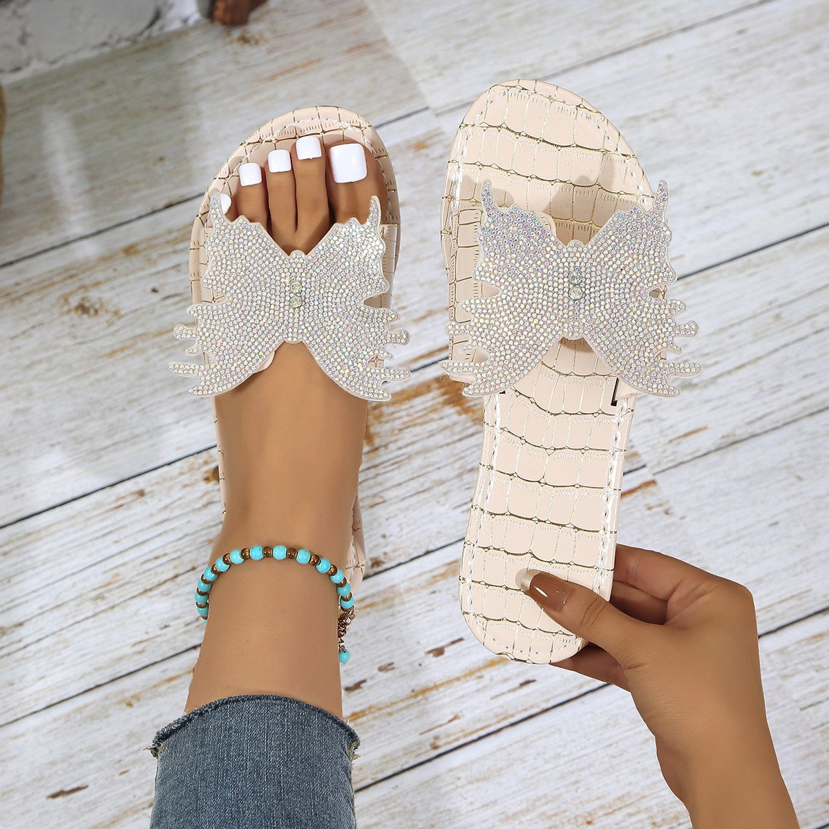 Women Summer Casual Rhinestone Butterfly Flat Shoes 12