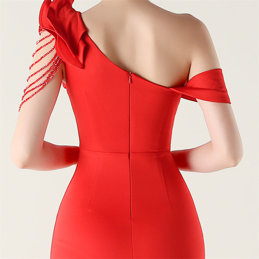 Women ruffled one-shoulder beaded fishtail formal party evening dress 22