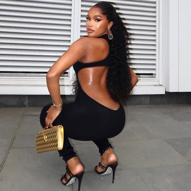 Casual Sports Women's Hollow Tight Fitting Solid Color Low Back Low Waist Jumpsuit 3