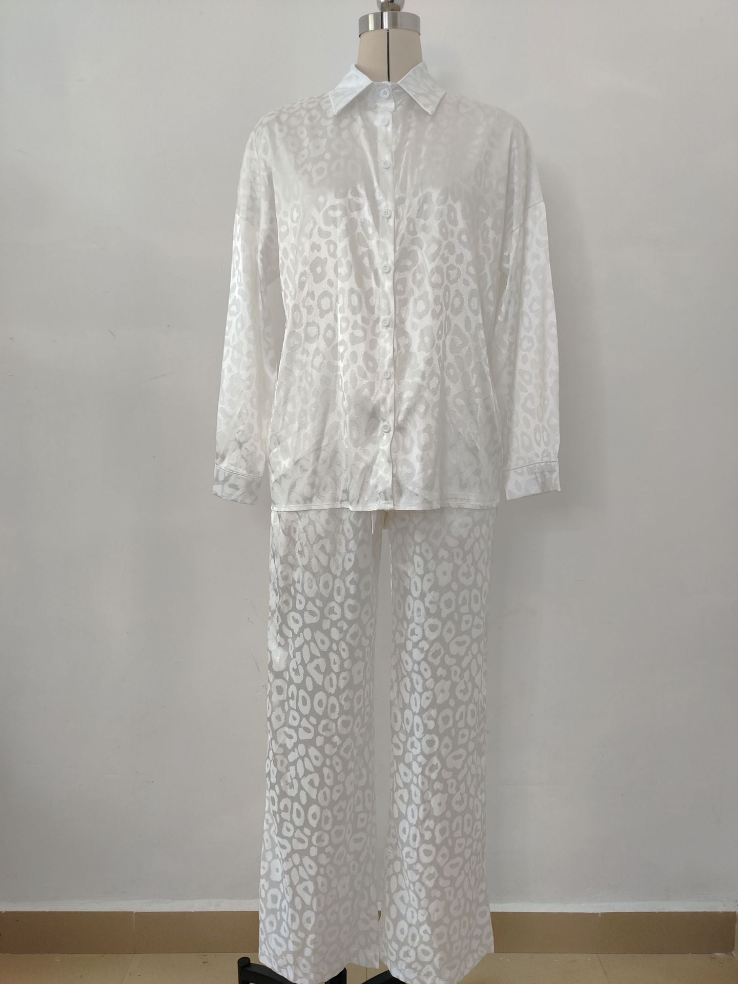 Women leopard print jacquard long-sleeved shirt and elastic waist loose trousers two-piece set 28