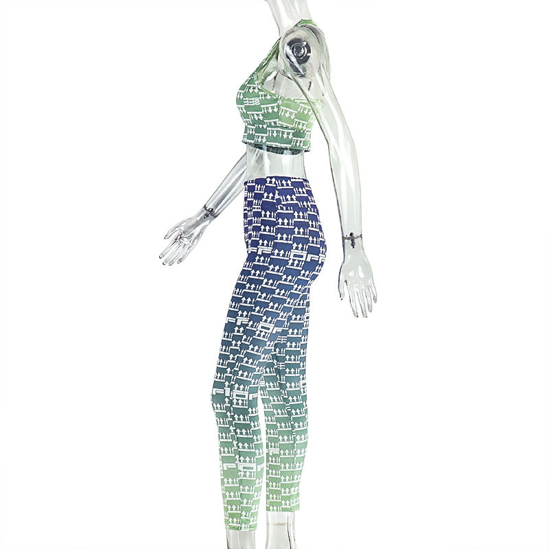 Women's Sporty Hollow-Out Printed Slim-Fit Pants Set Tank Top & Leggings 7