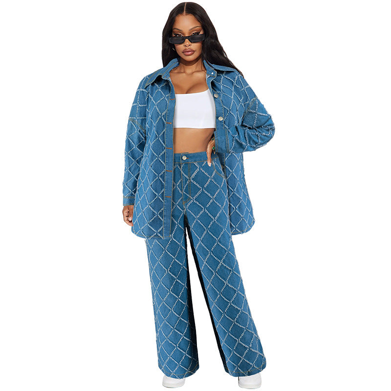 Women Denim Tassel Plaid Long Sleeve Top and Pant Two-piece Set 5