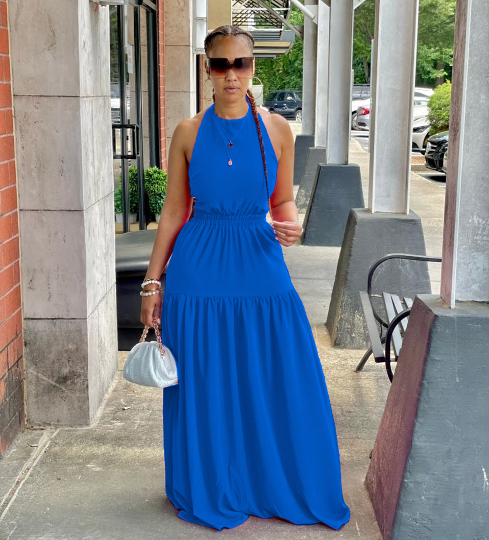 Women's Suspenders Solid Color Sleeveless Sexy Leak Back Large Long Dress 4