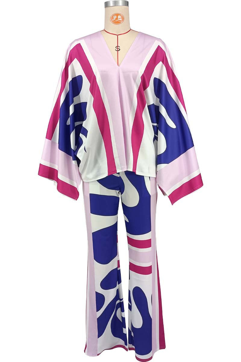 Plus Size Fashion v-Neck Wide Split Long Sleeve Top Bell Bottom Pants Set 8